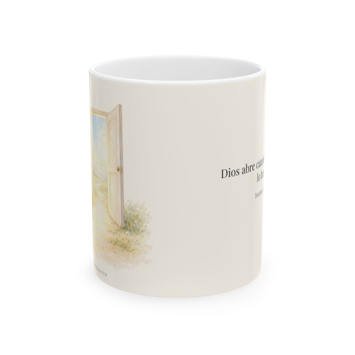 Dios abre camino donde no lo hay | Taza cristiana en dos tamaños | Isaías 43:19 — 11 oz · Vista frontal