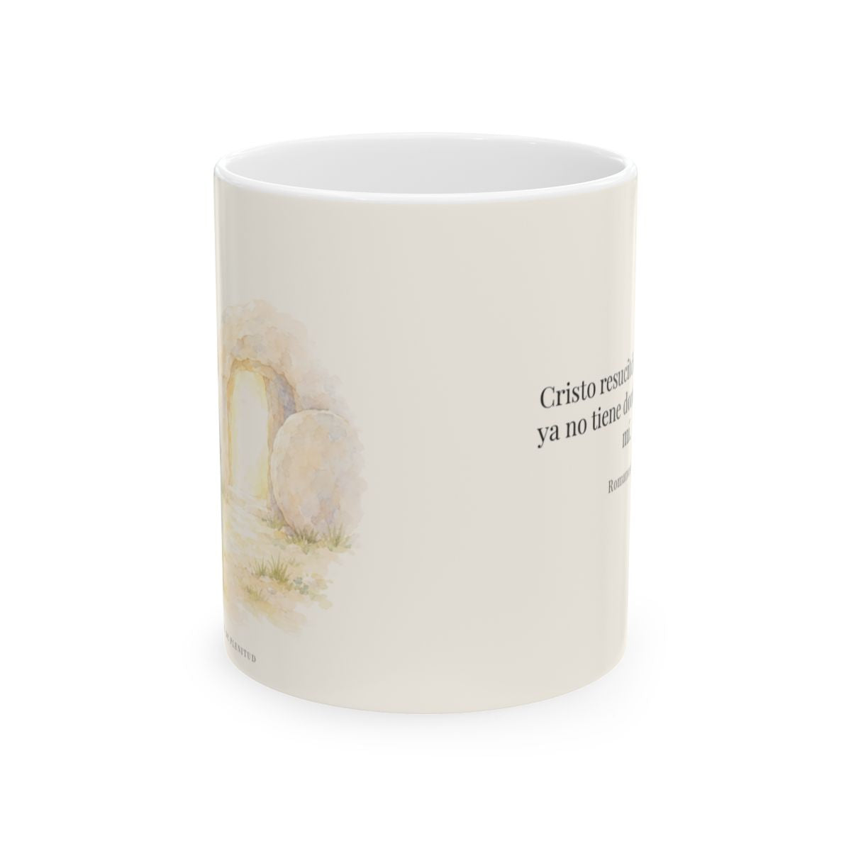 Cristo vive y la muerte ya no reina | Taza cristiana en dos tamaños | Romanos 6:9 — 11 oz · Vista frontal