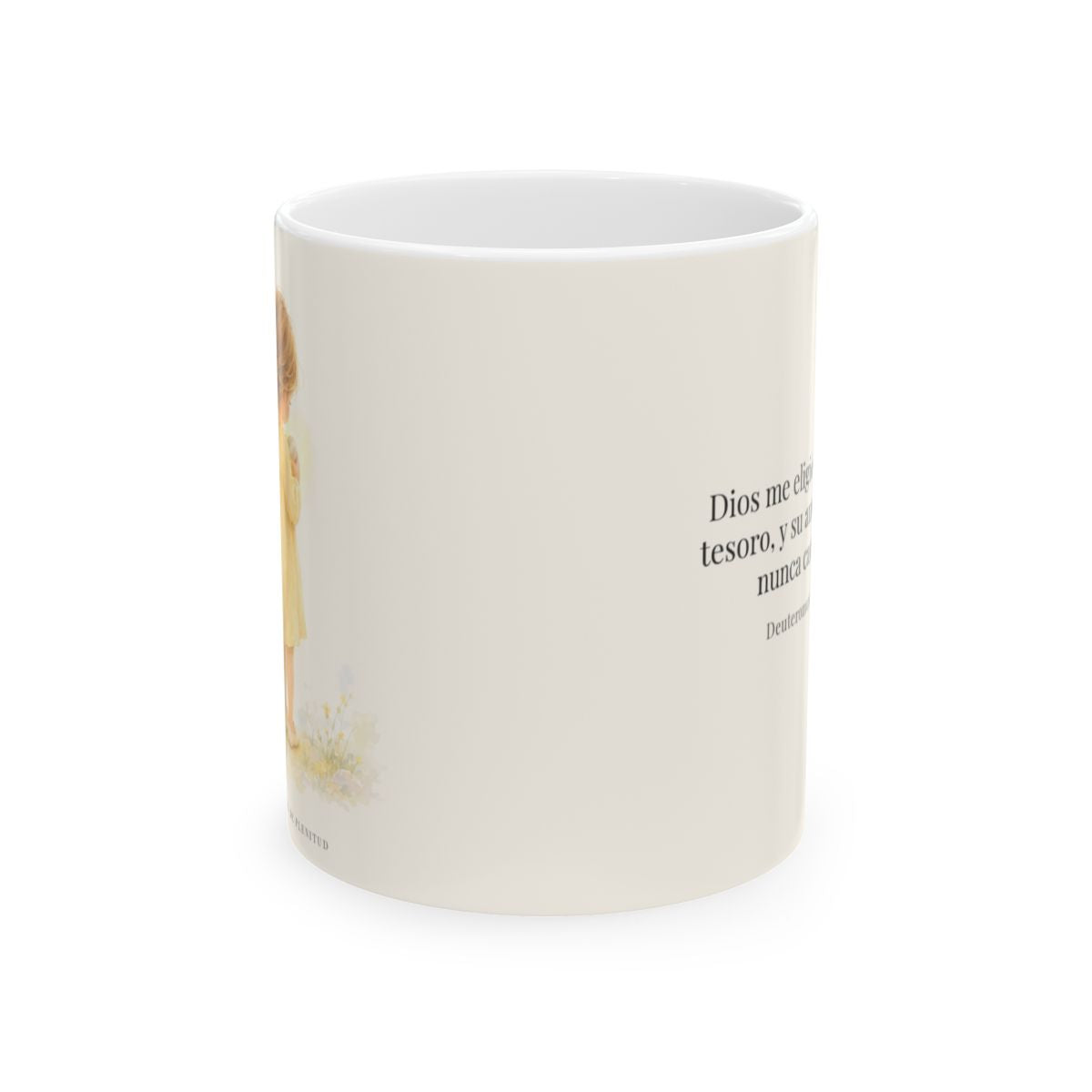 Dios me eligió como su tesoro | Taza bíblica de cerámica | Deuteronomio 7:6 — 11 oz · Vista frontal