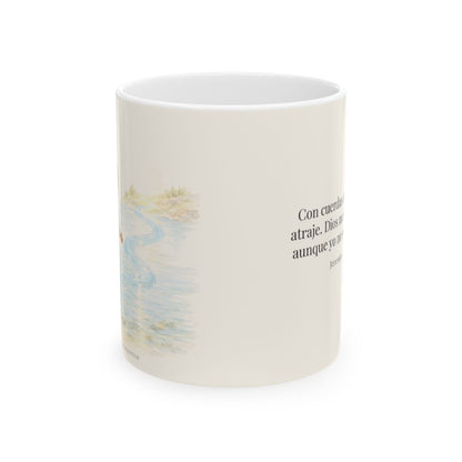 Con cuerdas de amor te atraje | Taza bíblica de cerámica | Jeremías 31:3 — 11 oz · Vista frontal