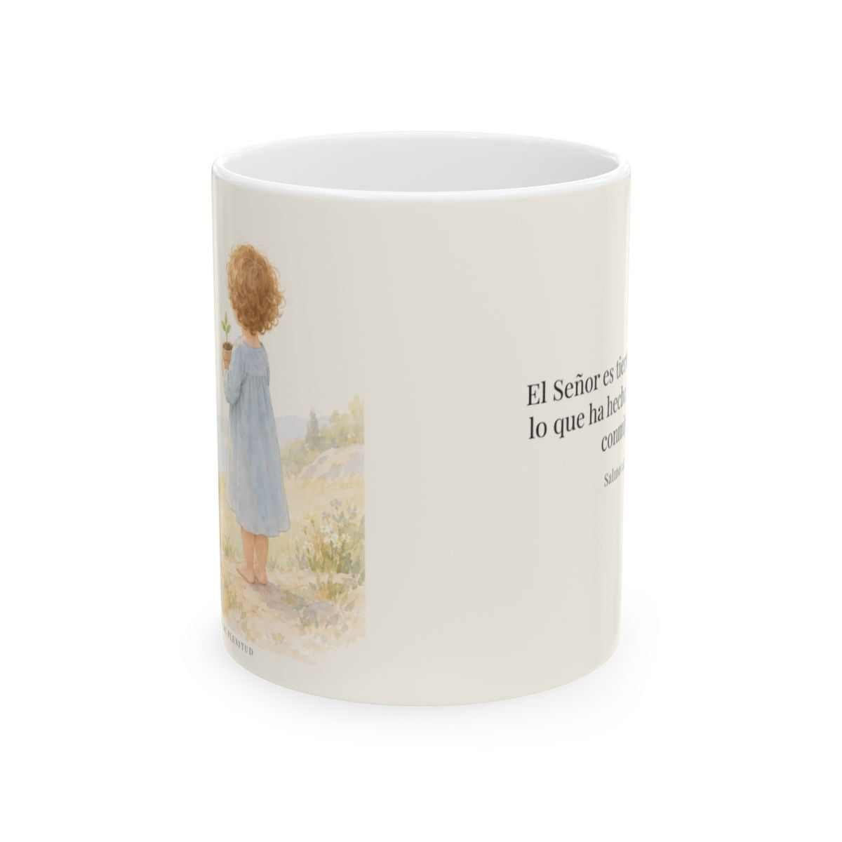 El Señor es tierno con todo lo que ha hecho | Taza bíblica de cerámica | Salmo 145:9 — 11 oz · Vista frontal