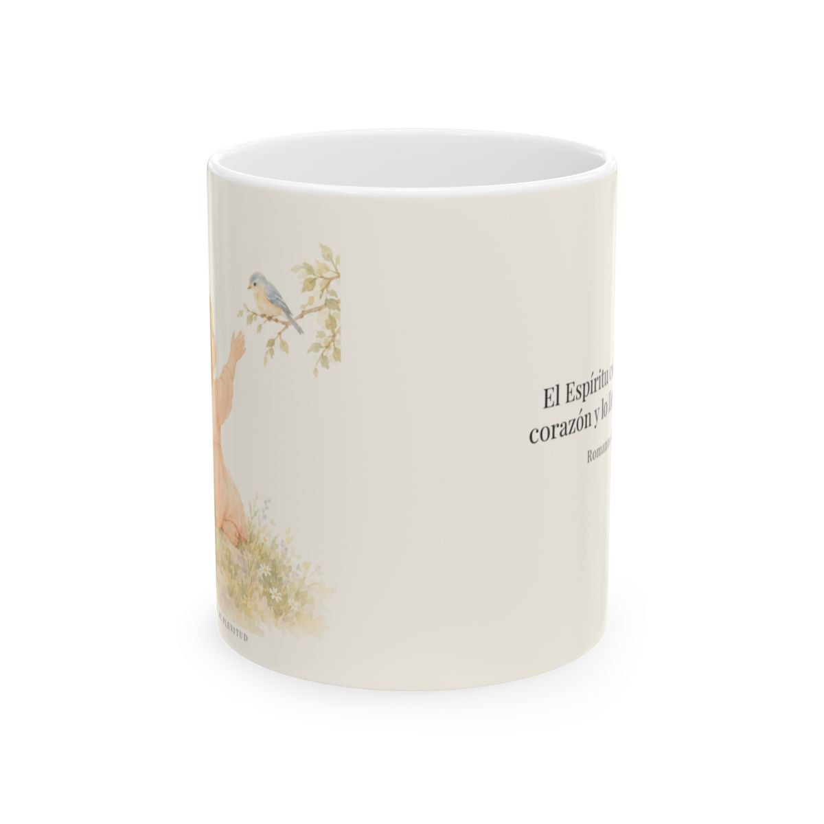El Espíritu conoce lo que hay en mi corazón | Taza de inspiración bíblica | Romanos 8:26 — 11 oz · Vista frontal