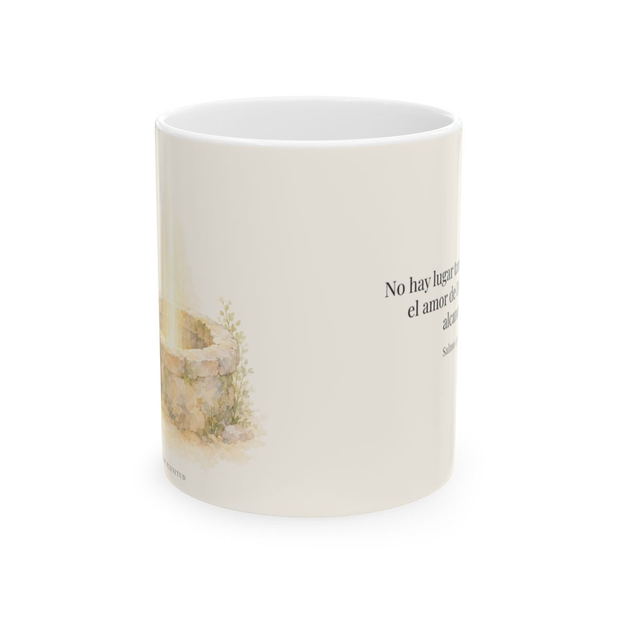 Su amor me alcanza donde yo no puedo | Taza con arte cristiano | Salmo 139:8 — 11 oz · Vista frontal