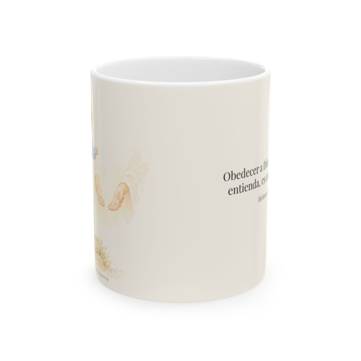 Obedecer a Dios es mi mayor valentía | Taza devocional ilustrada | Hebreos 11:8 — 11 oz · Vista frontal