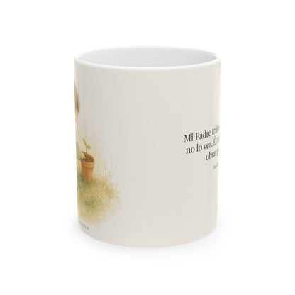 Mi Padre hasta ahora trabaja | Taza de fe para cada mañana | Juan 5:17 — 11 oz · Vista frontal