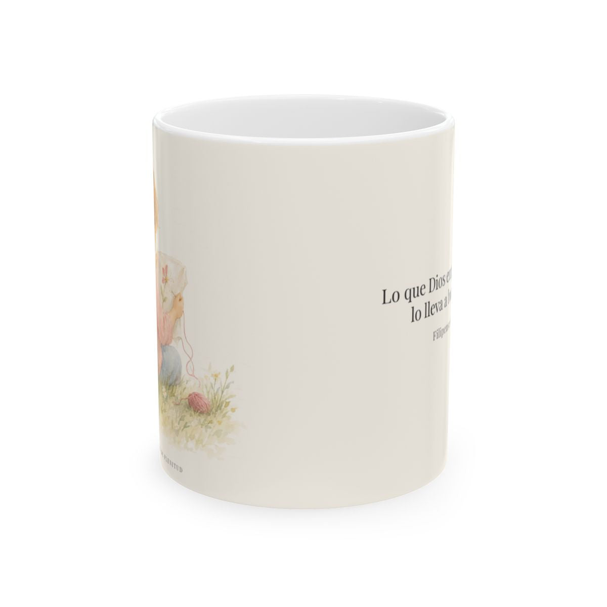 Dios lleva a buen fin la obra que empezó | Taza bíblica de cerámica | Filipenses 1:6 — 11 oz · Vista frontal