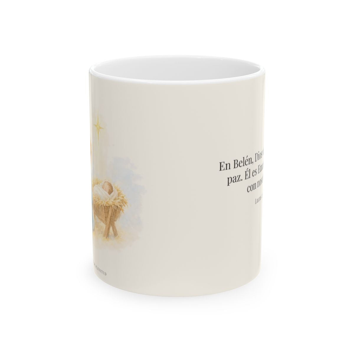 En Belén, Dios vino a darme paz | Taza bíblica de cerámica | Lucas 2:14 — 11 oz · Vista frontal