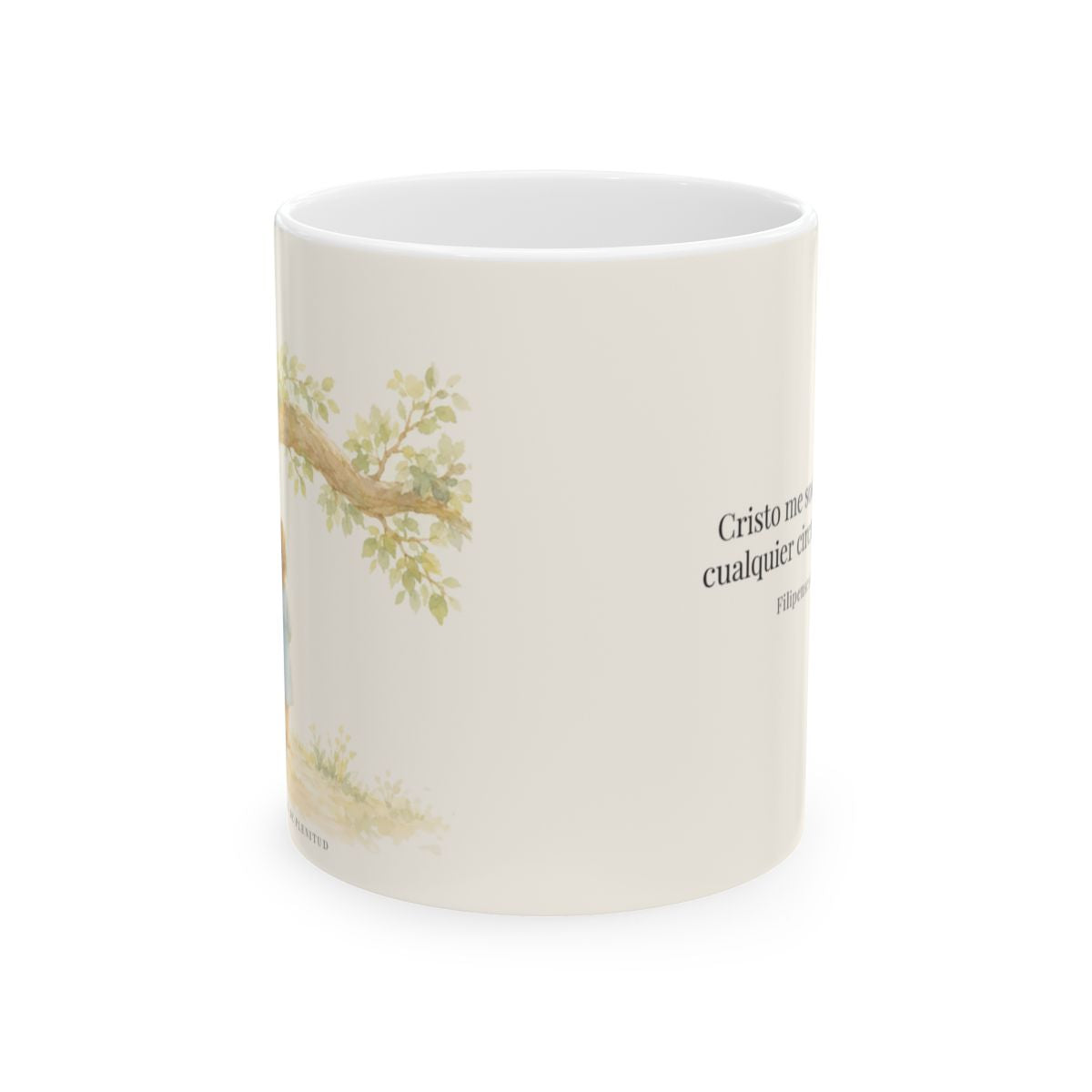 Cristo me sostiene en cualquier circunstancia | Taza devocional de fe | Filipenses 4:13 — 11 oz · Vista frontal