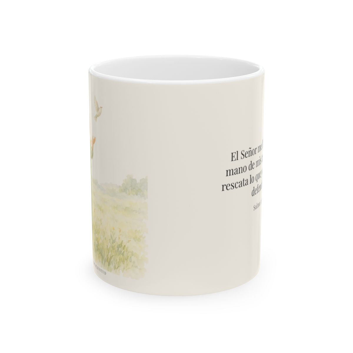 El Señor me libra de la mano de mis temores | Taza con arte cristiano | Salmo 31:15 — 11 oz · Vista frontal