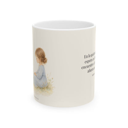 En la quietud, mi alma espera en Dios | Taza cristiana en dos tamaños | Salmo 62:1 — 11 oz · Vista frontal