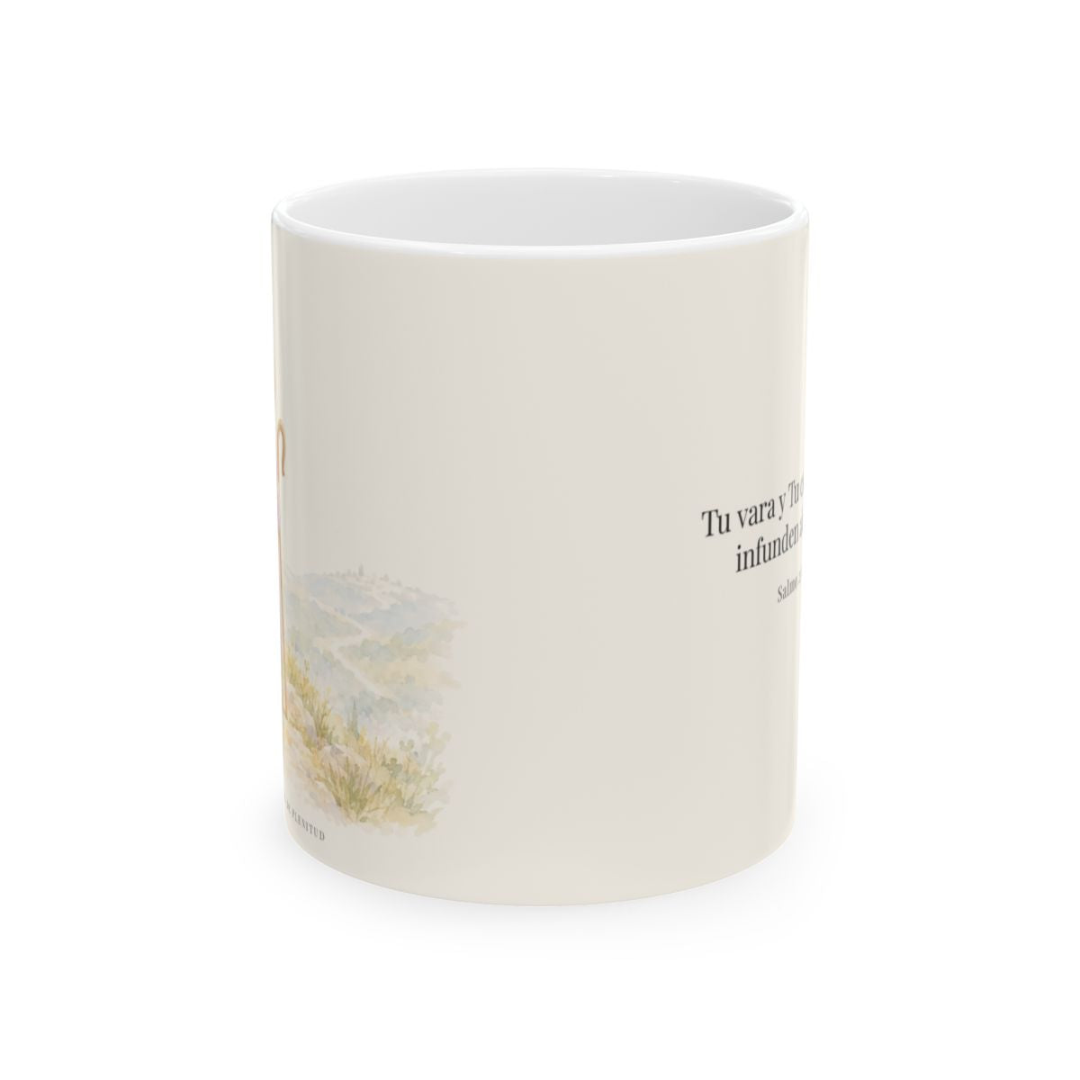 Tu vara y Tu cayado me infunden aliento | Taza devocional ilustrada | Salmo 23:4 — 11 oz · Vista frontal