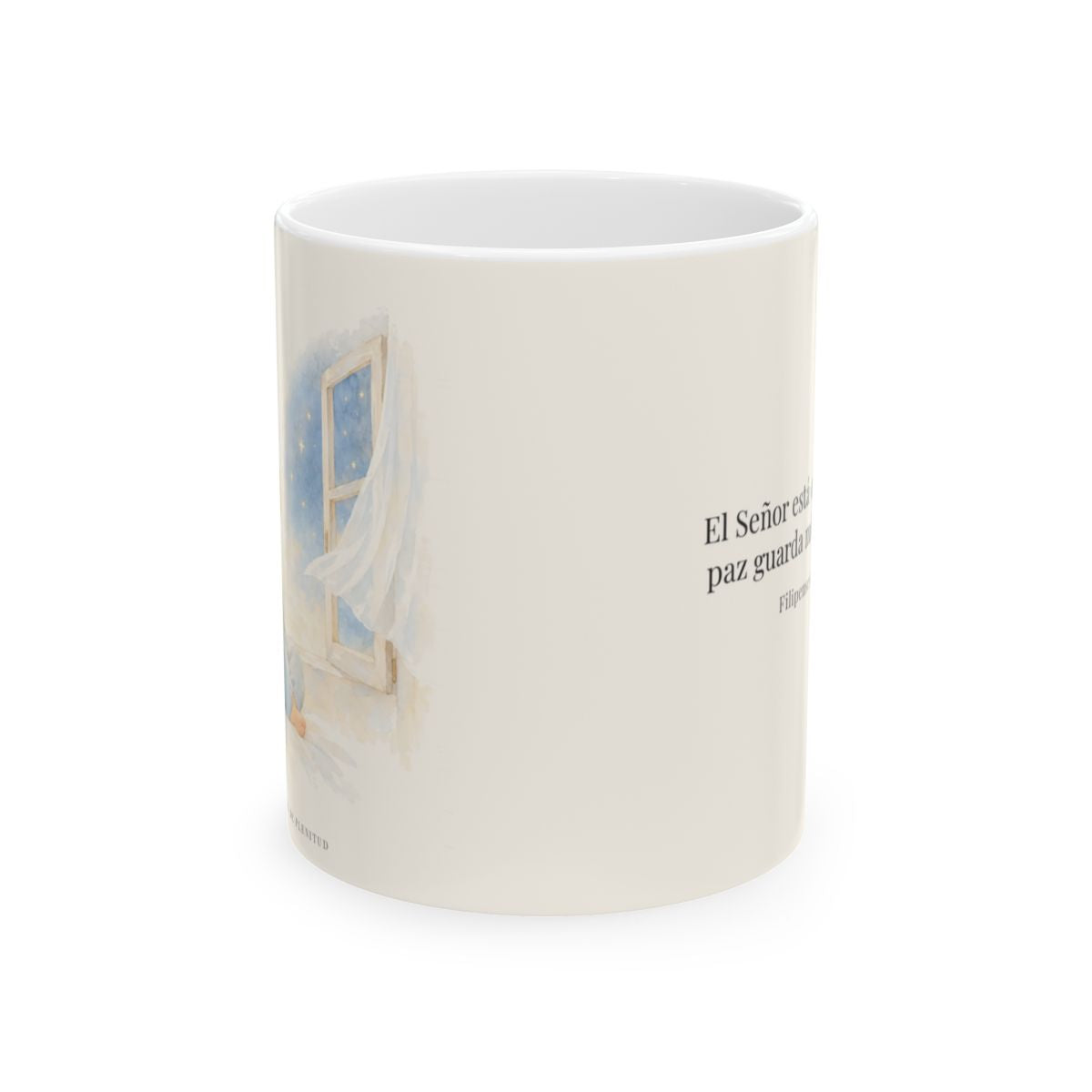 El Señor está cerca de mí | Taza de inspiración bíblica | Filipenses 4:7 — 11 oz · Vista frontal