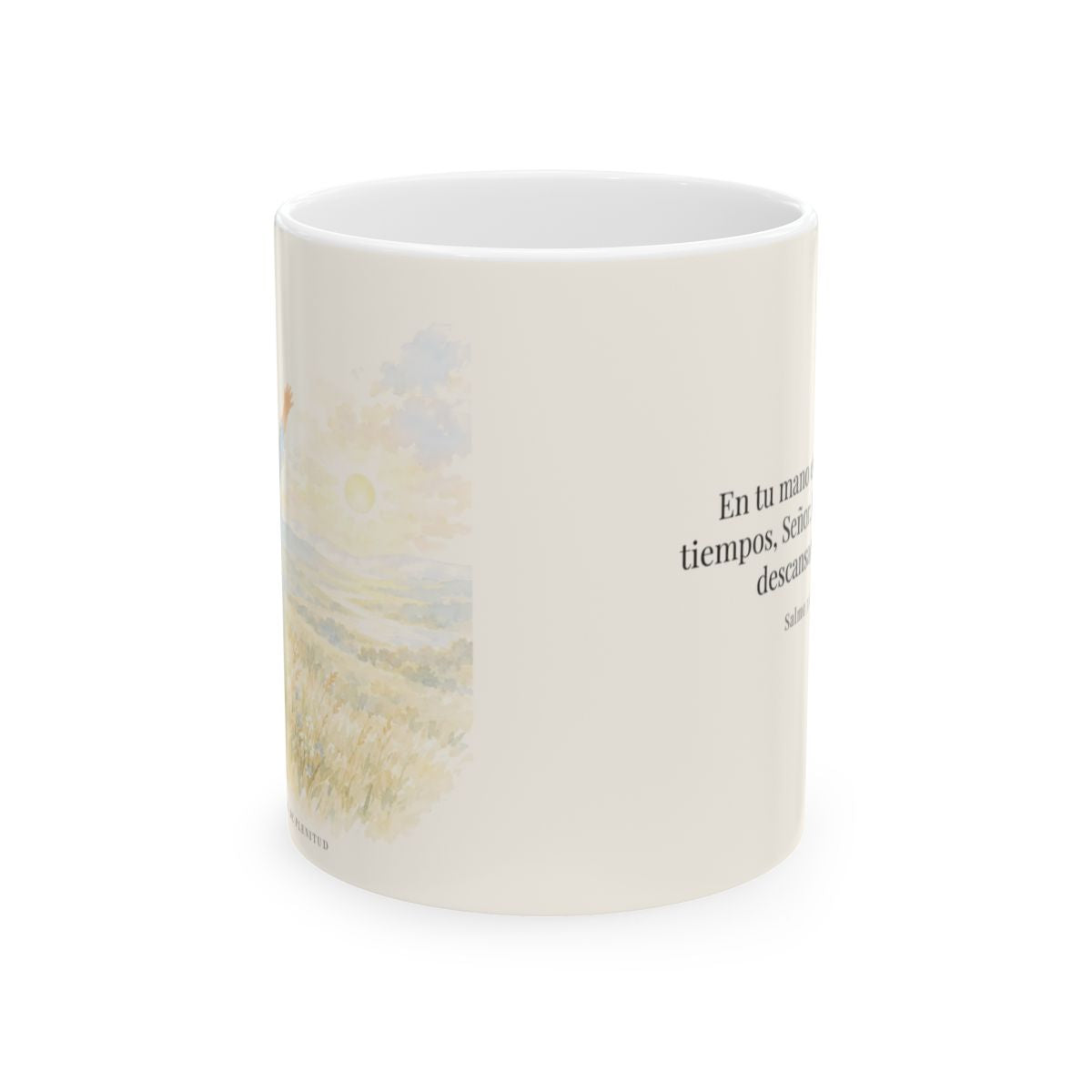 En tu mano están mis tiempos | Taza devocional ilustrada | Salmo 31:15 — 11 oz · Vista frontal