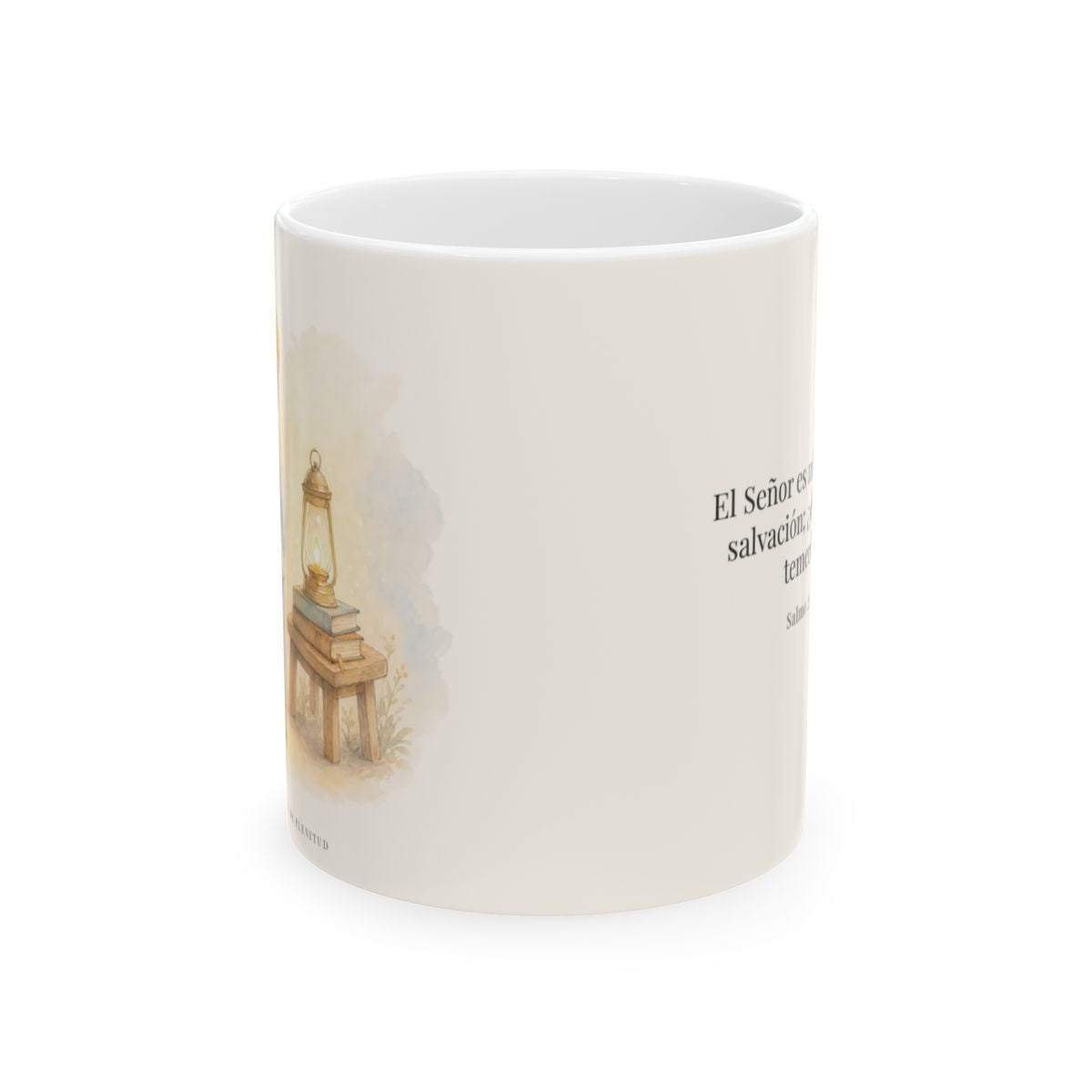 Jehová es mi luz y mi salvación | Taza cristiana con frase devocional | Salmo 27:1 — 11 oz · Vista frontal