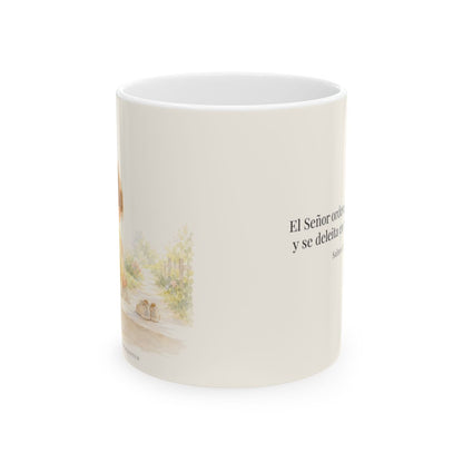 Jehová ordena mis pasos | Taza de inspiración bíblica | Salmo 37:23 — 11 oz · Vista frontal