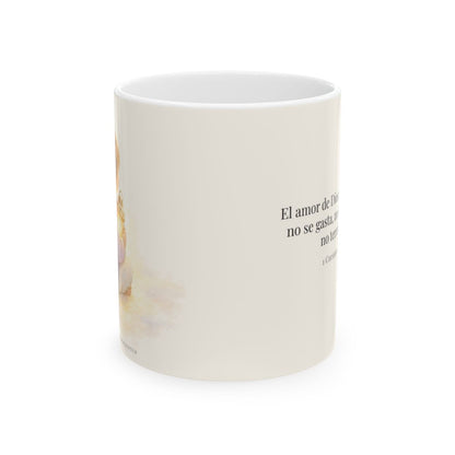 El amor de Dios permanece para siempre | Taza bíblica para café | 1 Corintios 13:8 — 11 oz · Vista frontal