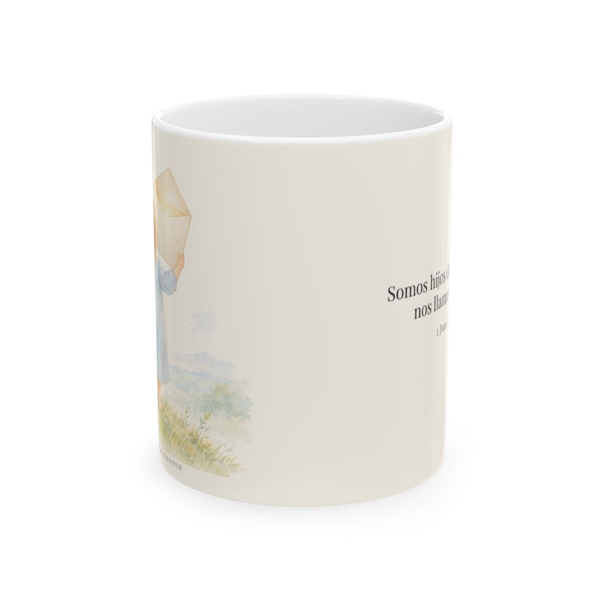 El Padre me da su apellido | Taza devocional de fe | 1 Juan 3:1 — 11 oz · Vista frontal