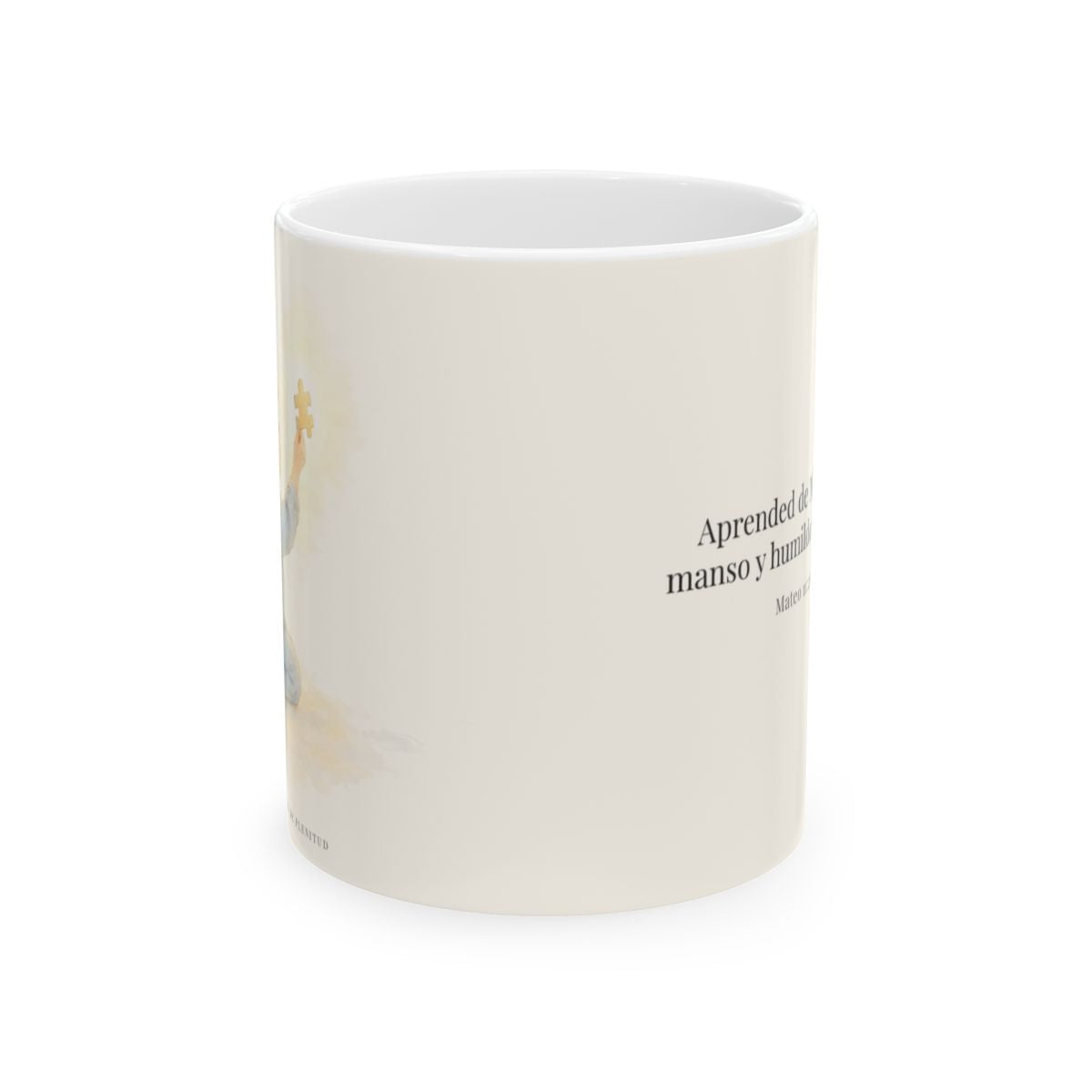 Aprended de Mí, que soy manso y humilde | Taza cristiana en dos tamaños | Mateo 11:29-30 — 11 oz · Vista frontal