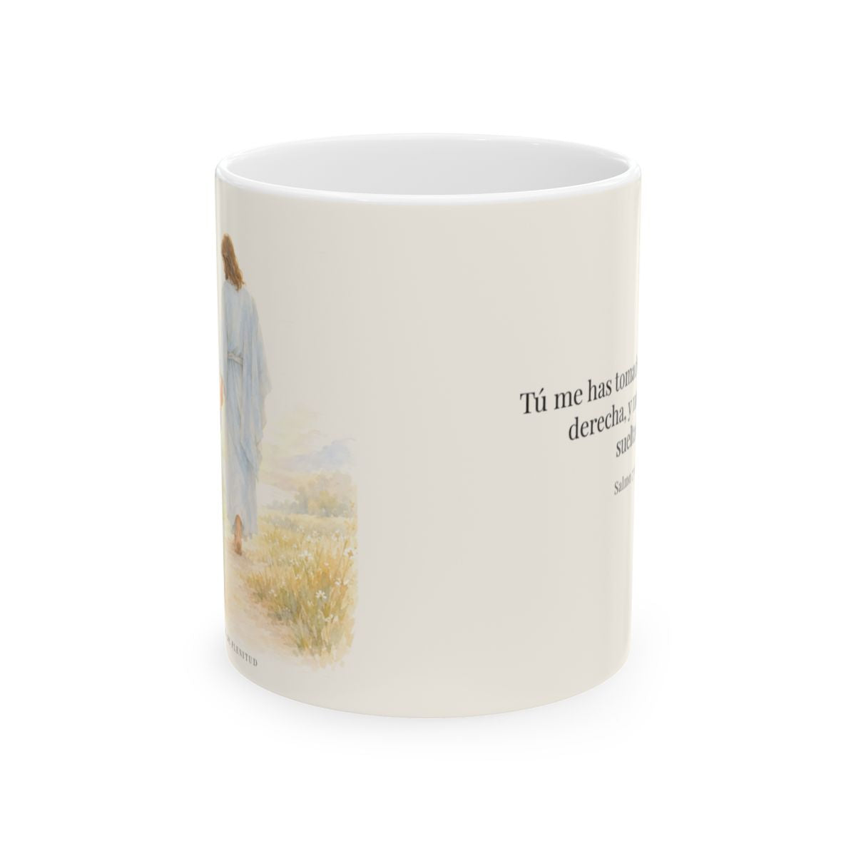 Tú me tomaste de la mano | Taza bíblica de cerámica | Salmo 73:23 — 11 oz · Vista frontal