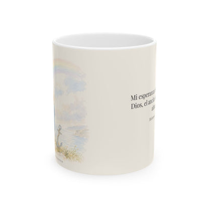 Mi esperanza está firme en Dios | Taza con arte cristiano | Hebreos 6:19 — 11 oz · Vista frontal