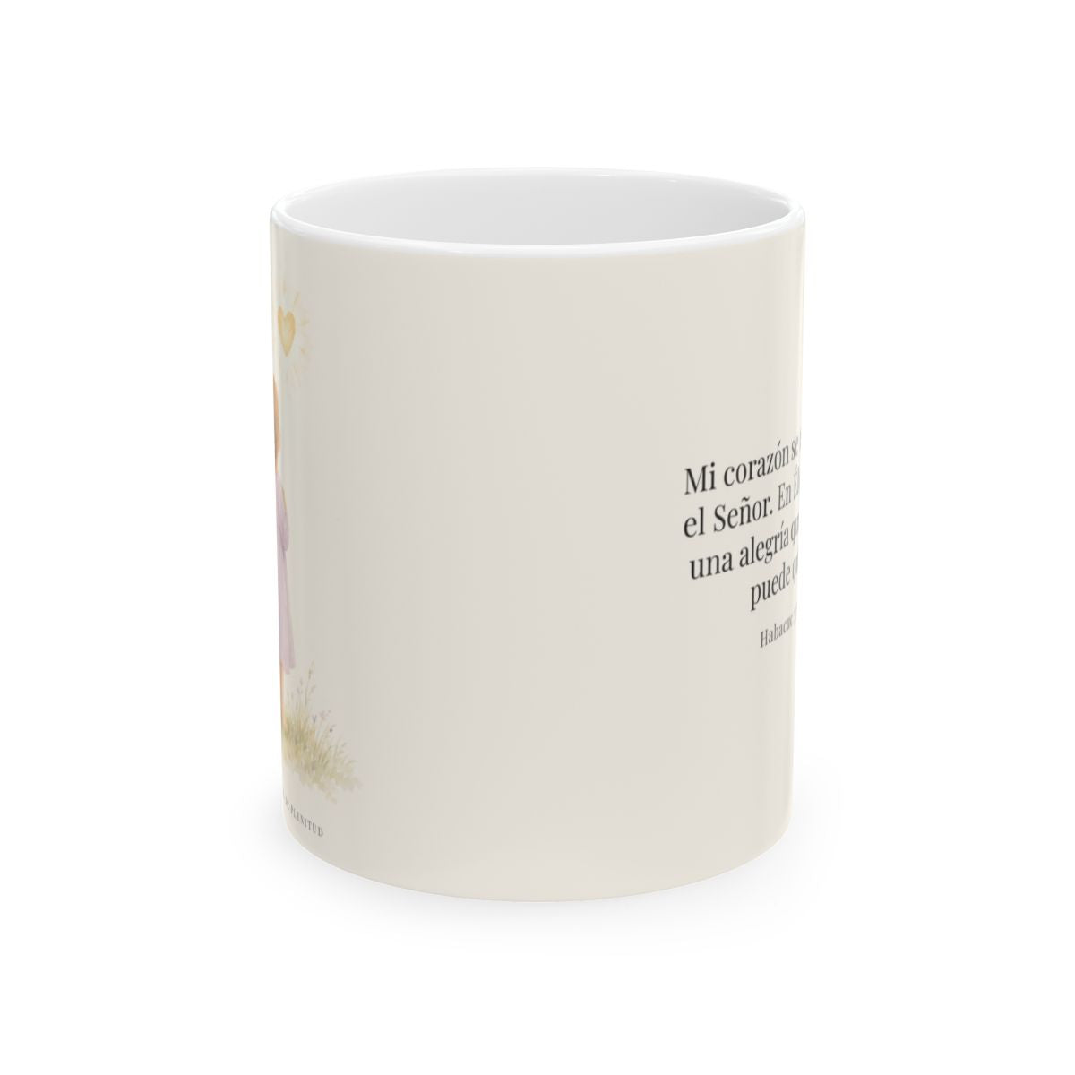 Mi corazón se regocija en el Señor | Taza bíblica para café | Habacuc 3:17-18 — 11 oz · Vista frontal
