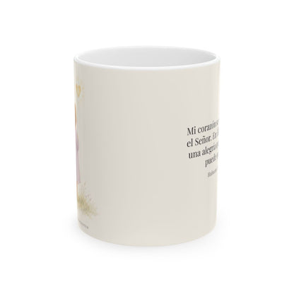 Mi corazón se regocija en el Señor | Taza bíblica para café | Habacuc 3:17-18 — 11 oz · Vista frontal