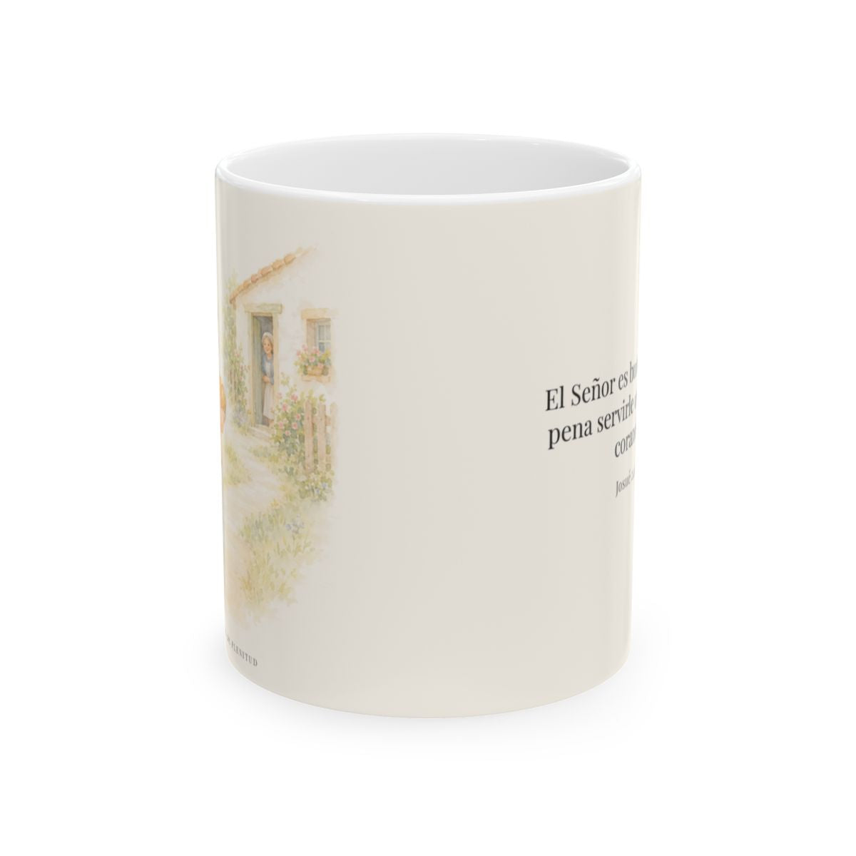 El Señor es bueno con quien lo sirve | Taza cristiana con frase devocional | Josué 24:15 — 11 oz · Vista frontal