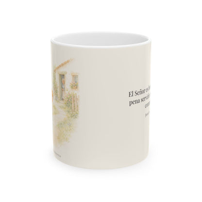 El Señor es bueno con quien lo sirve | Taza cristiana con frase devocional | Josué 24:15 — 11 oz · Vista frontal