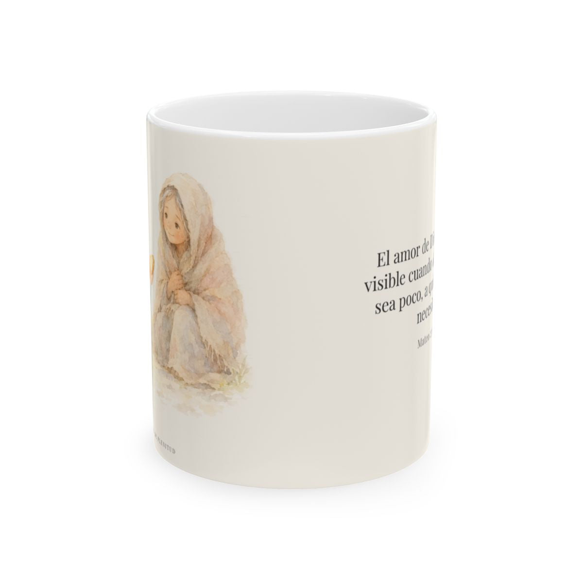 El amor de Dios se da en cosas pequeñas | Taza bíblica para café | Mateo 25:40 — 11 oz · Vista frontal