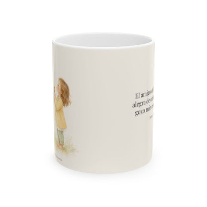 El amigo del esposo se alegra | Taza bíblica de cerámica | Juan 3:29 — 11 oz · Vista frontal