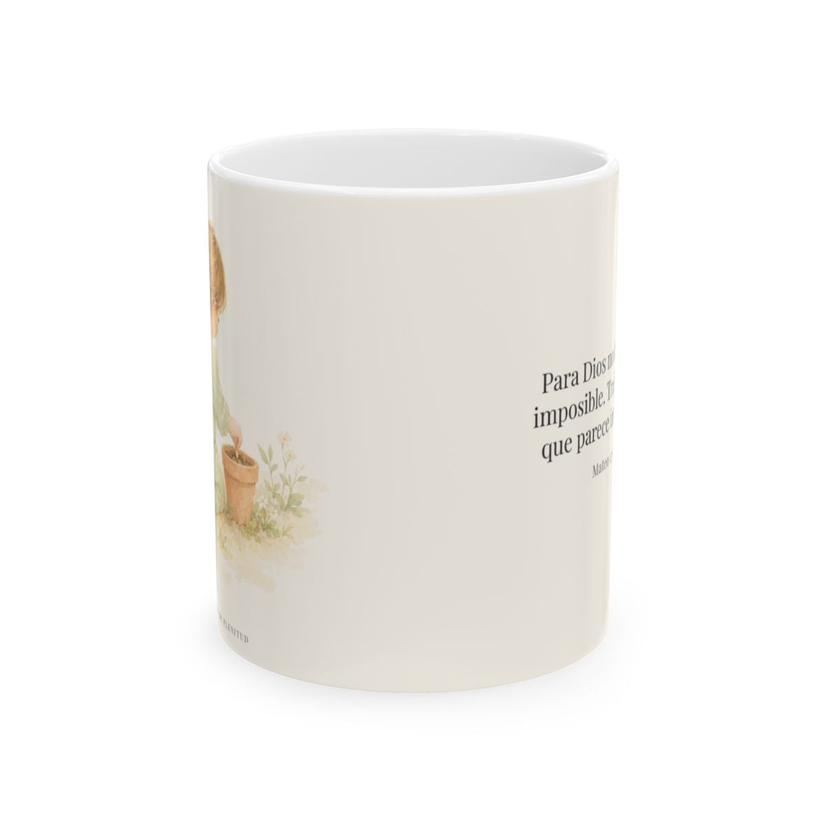 Nada hay imposible para Dios | Taza devocional de fe | Mateo 17:20 — 11 oz · Vista frontal