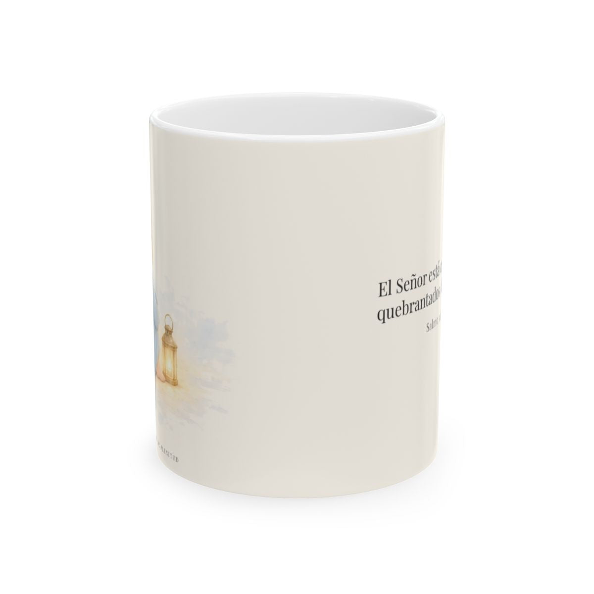 Jehová está cerca de los quebrantados de corazón | Taza devocional ilustrada | Salmo 34:18 — 11 oz · Vista frontal