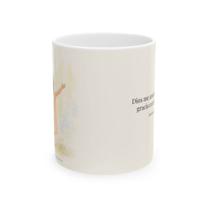 Cristo murió por mí cuando yo aún era pecador | Taza cristiana con frase devocional | Romanos 5:8 — 11 oz · Vista frontal