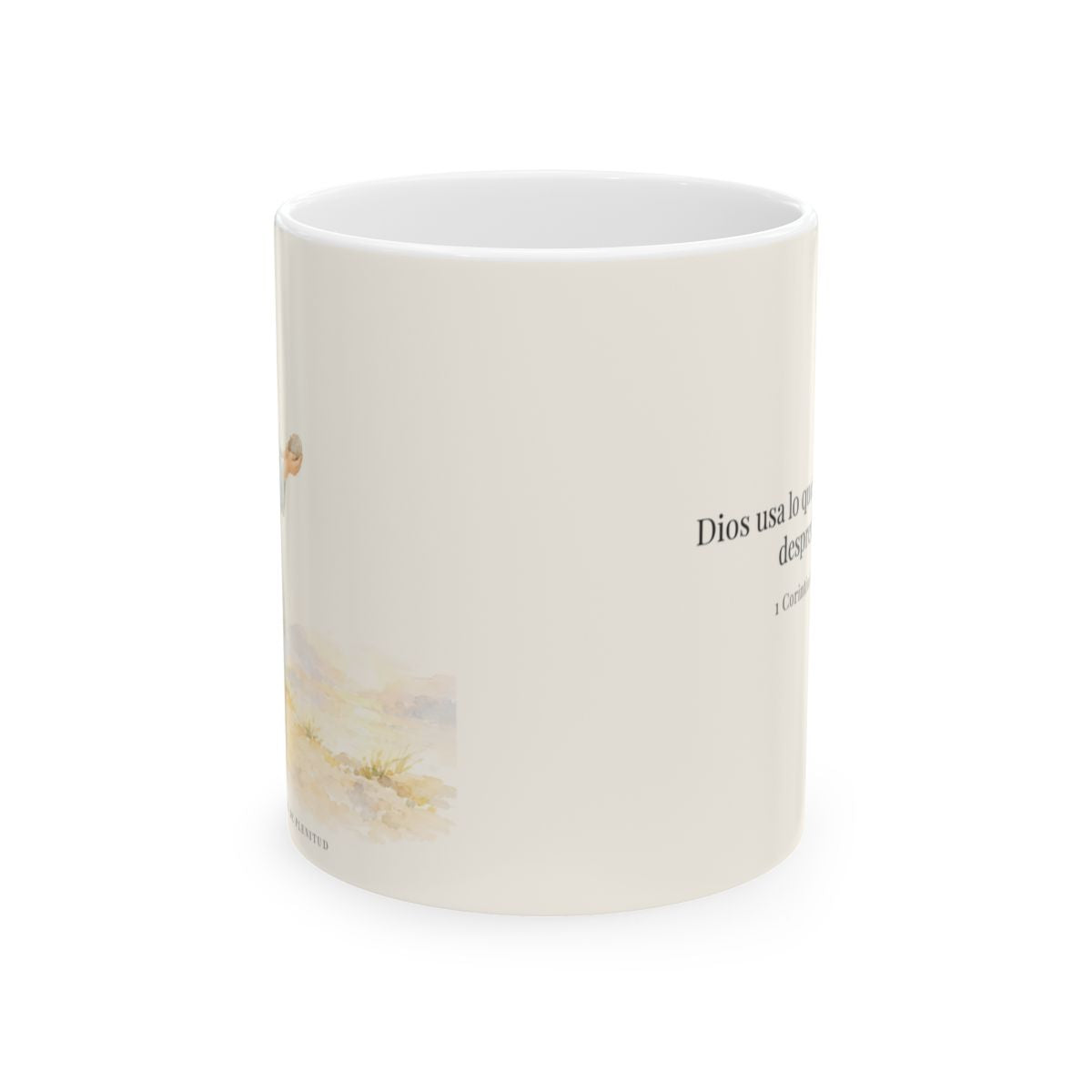 Dios usa lo que el mundo desprecia | Taza cristiana en dos tamaños | 1 Corintios 1:27 — 11 oz · Vista frontal