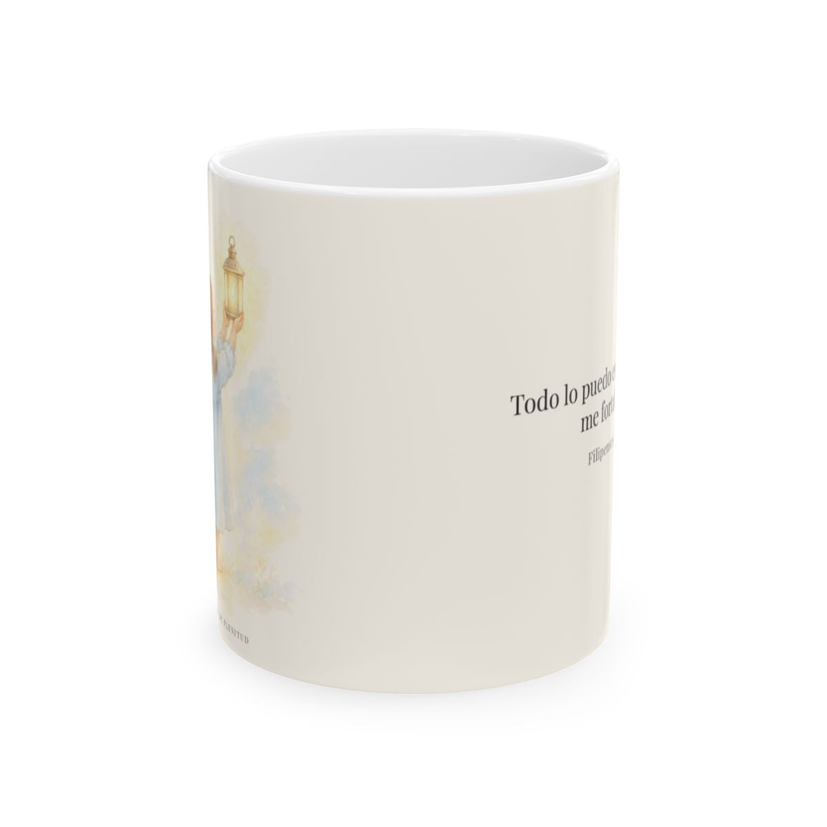 Todo lo puedo en Cristo que me fortalece | Taza de inspiración bíblica | Filipenses 4:13 — 11 oz · Vista frontal