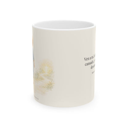 Ven a mí y yo te haré descansar | Taza con arte cristiano | Mateo 11:28 — 11 oz · Vista frontal