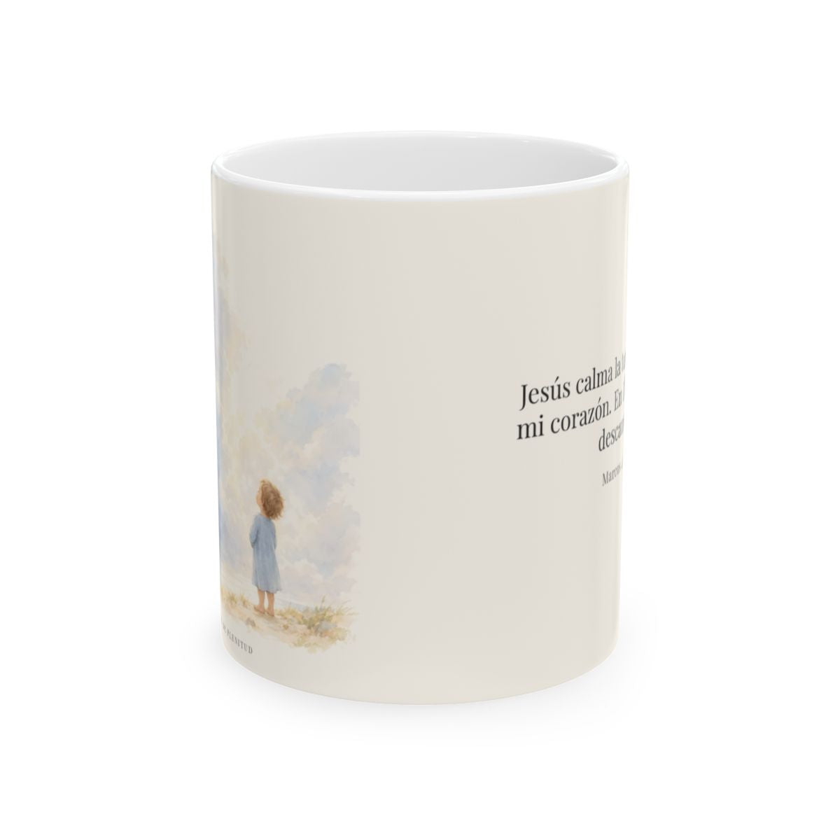 Jesús calma la tempestad de mi corazón | Taza bíblica para café | Marcos 4:39 — 11 oz · Vista frontal