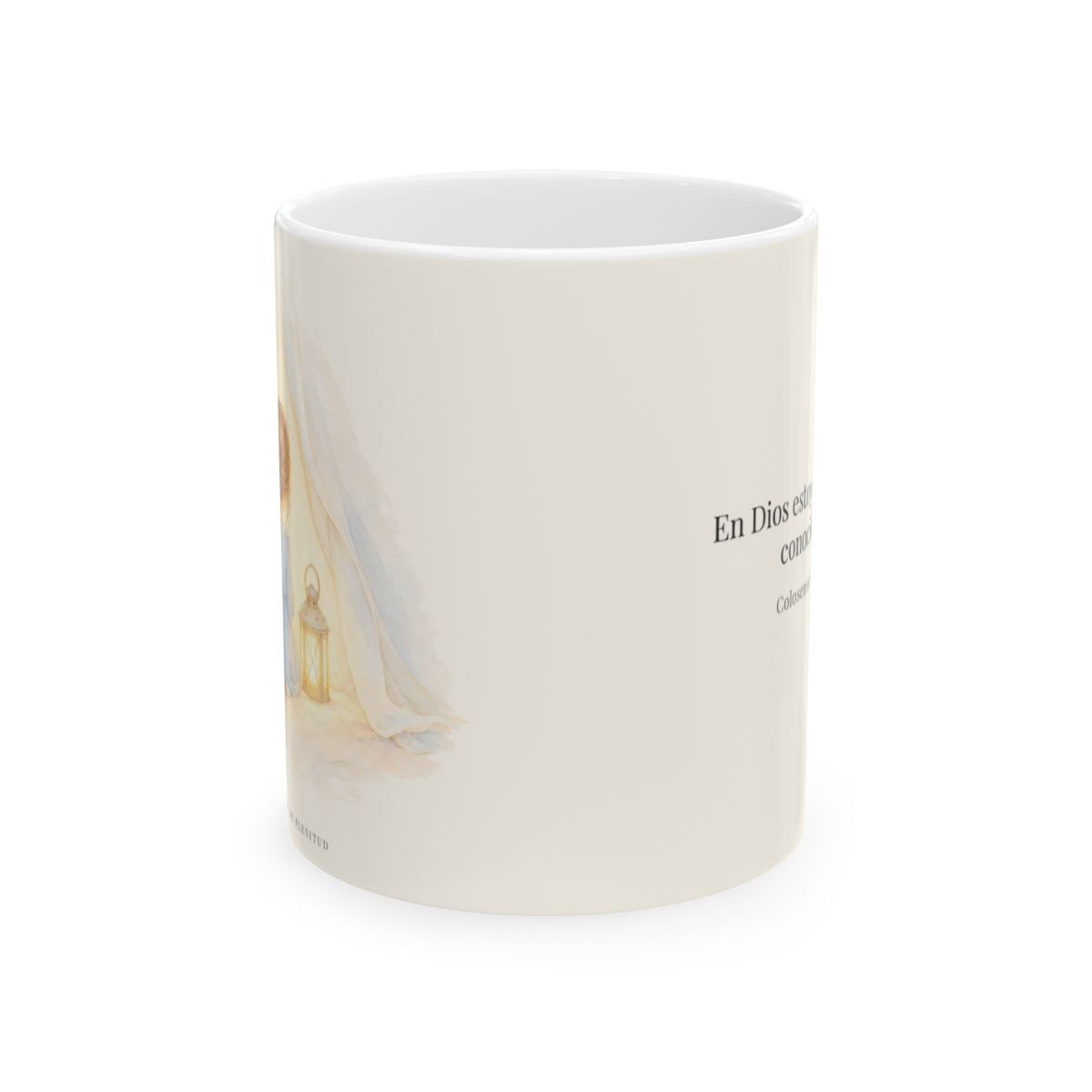En Dios estoy seguro y conocido | Taza cristiana en dos tamaños | Colosenses 3:3 — 11 oz · Vista frontal