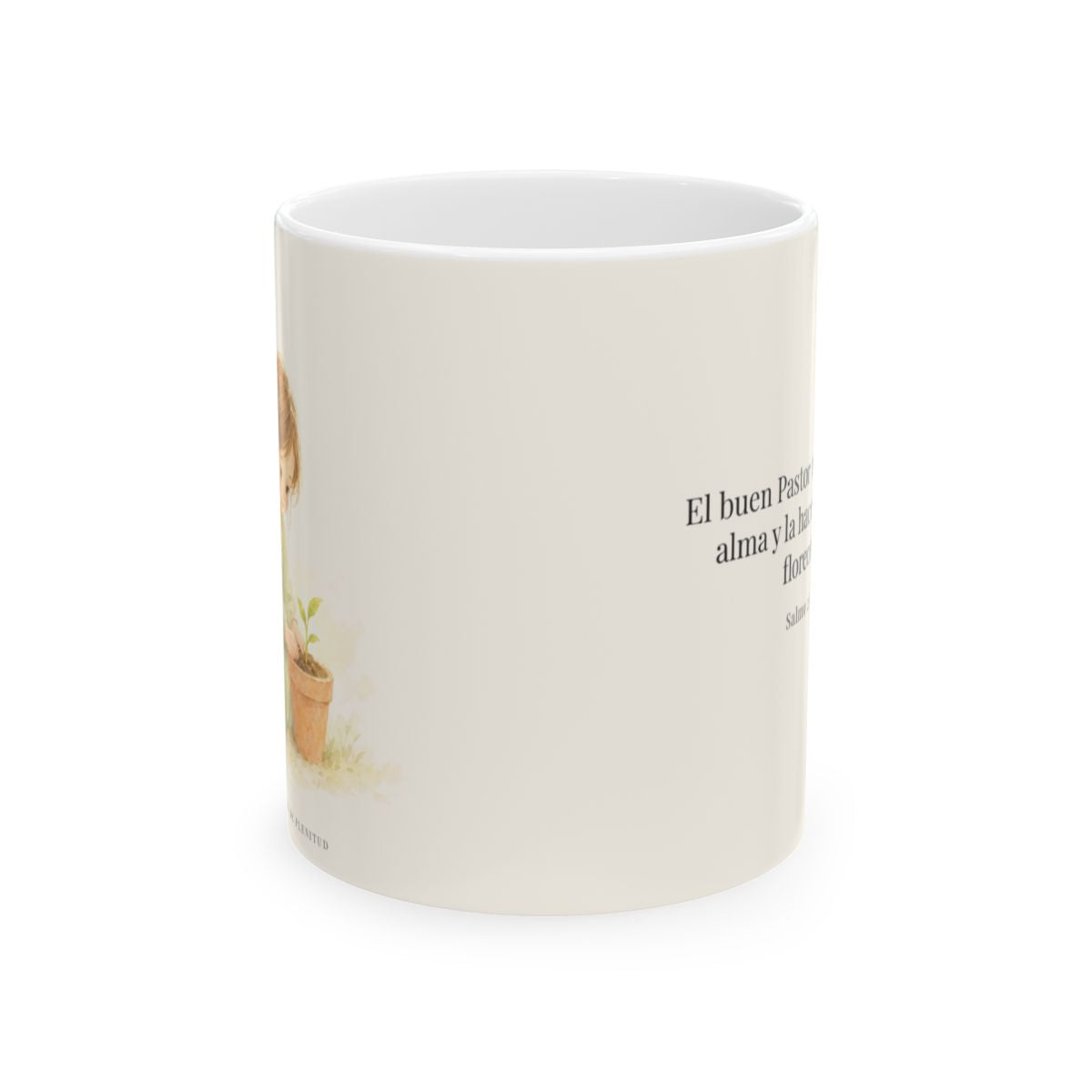 El buen Pastor restaura mi alma | Taza devocional de fe | Salmo 23:3 — 11 oz · Vista frontal