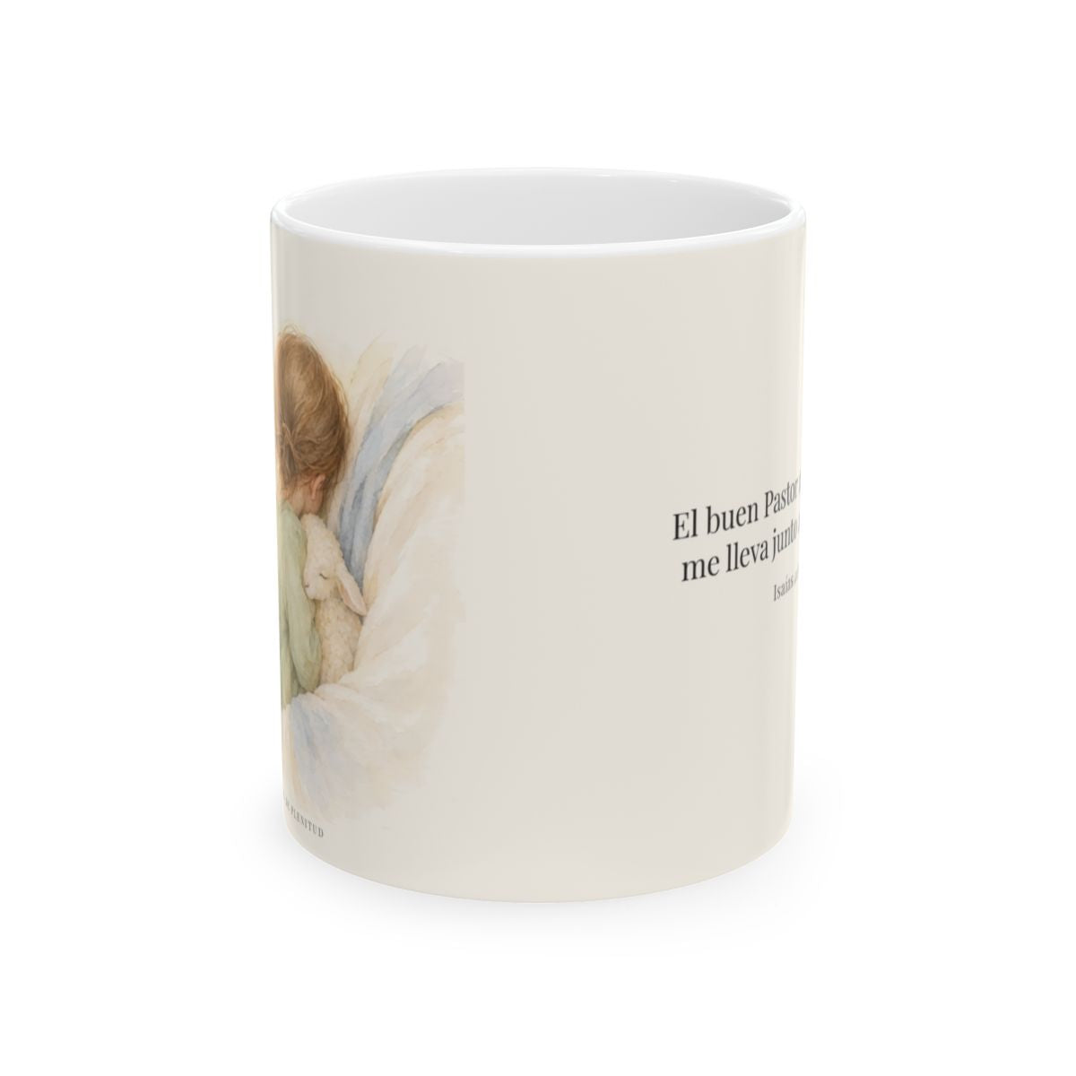 El buen Pastor me lleva junto a su corazón | Taza cristiana para regalar | Isaías 40:11 — 11 oz · Vista frontal