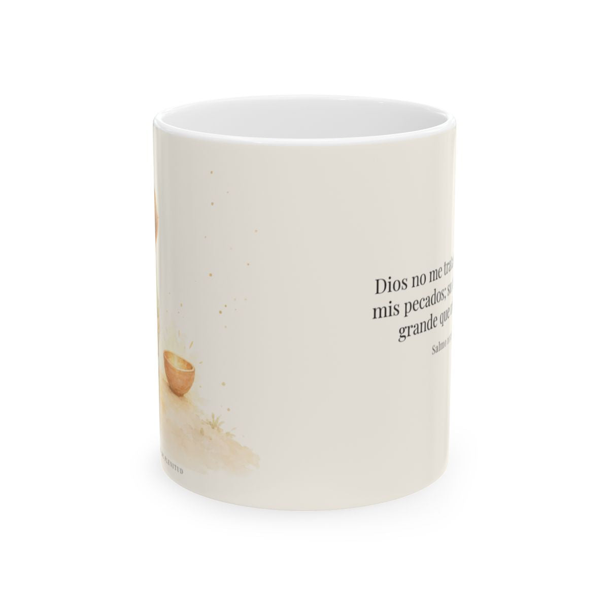 Dios no me trata como mis pecados merecen | Taza devocional ilustrada | Salmo 103:9-10 — 11 oz · Vista frontal