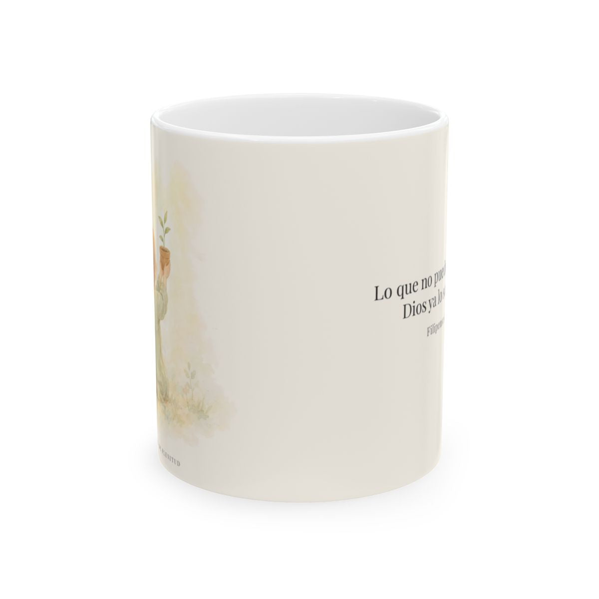 Dios cuida lo que yo no puedo controlar | Taza bíblica de cerámica | Filipenses 4:6 — 11 oz · Vista frontal