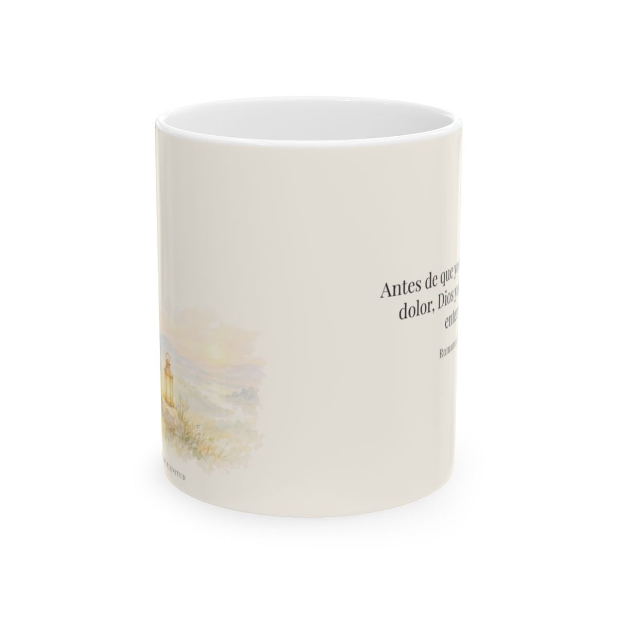 Dios conoce mi corazón mejor que yo mismo | Taza cristiana con frase devocional | Romanos 8:26 — 11 oz · Vista frontal