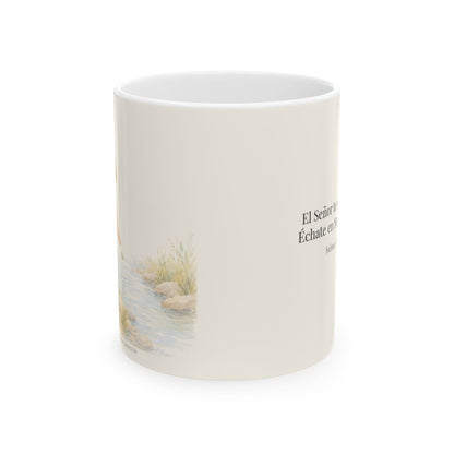 El Señor te sostiene | Taza cristiana para regalar | Salmo 55:22 — 11 oz · Vista frontal