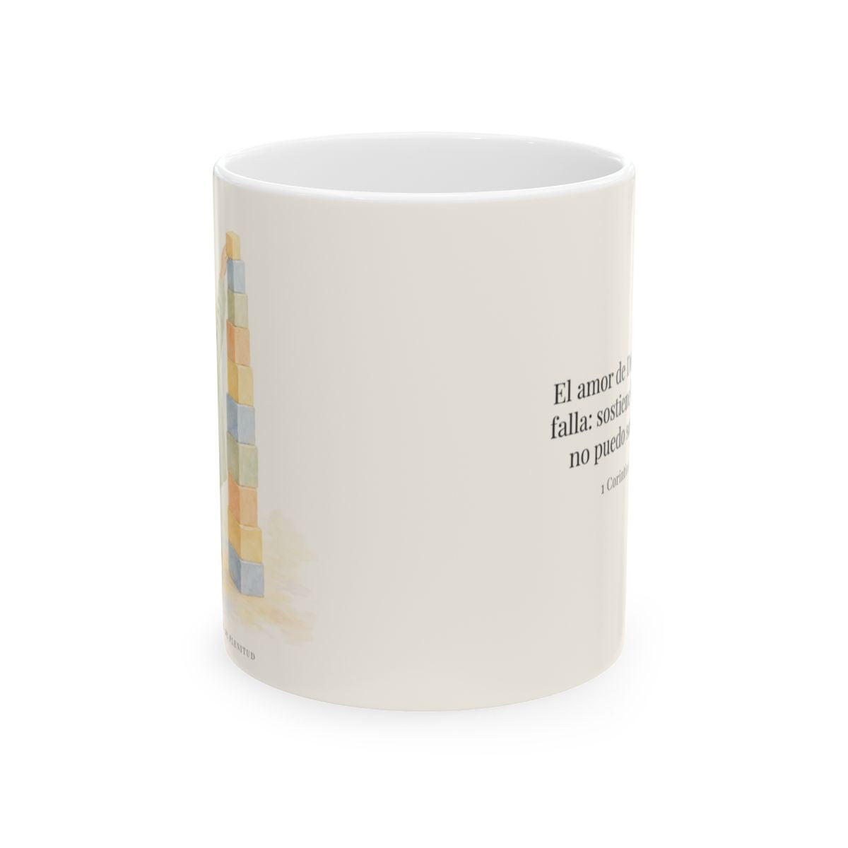 El amor de Dios nunca falla | Taza de fe para cada mañana | 1 Corintios 13:8 — 11 oz · Vista frontal