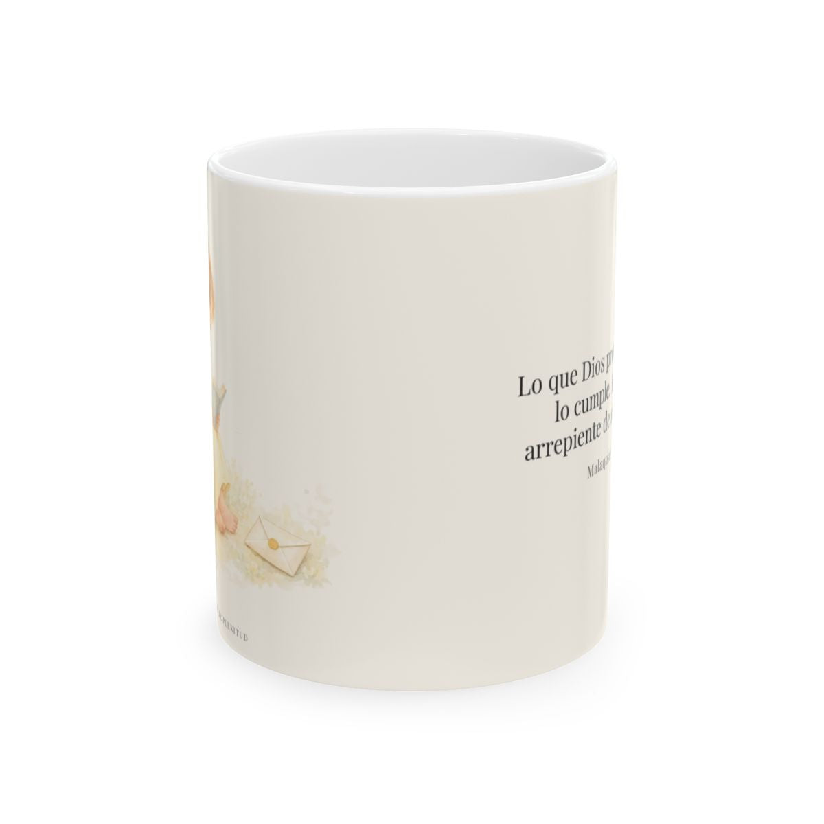 Jehová es el Dios que mantiene su palabra | Taza cristiana con frase devocional | Malaquías 3:6 — 11 oz · Vista frontal