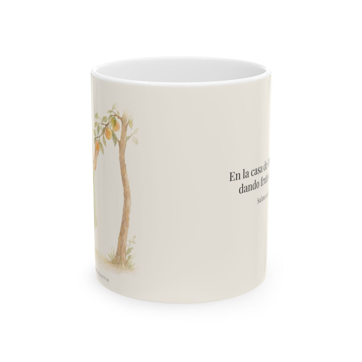 Aun en la vejez daré fruto | Taza con arte cristiano | Salmo 92:13-14 — 11 oz · Vista frontal