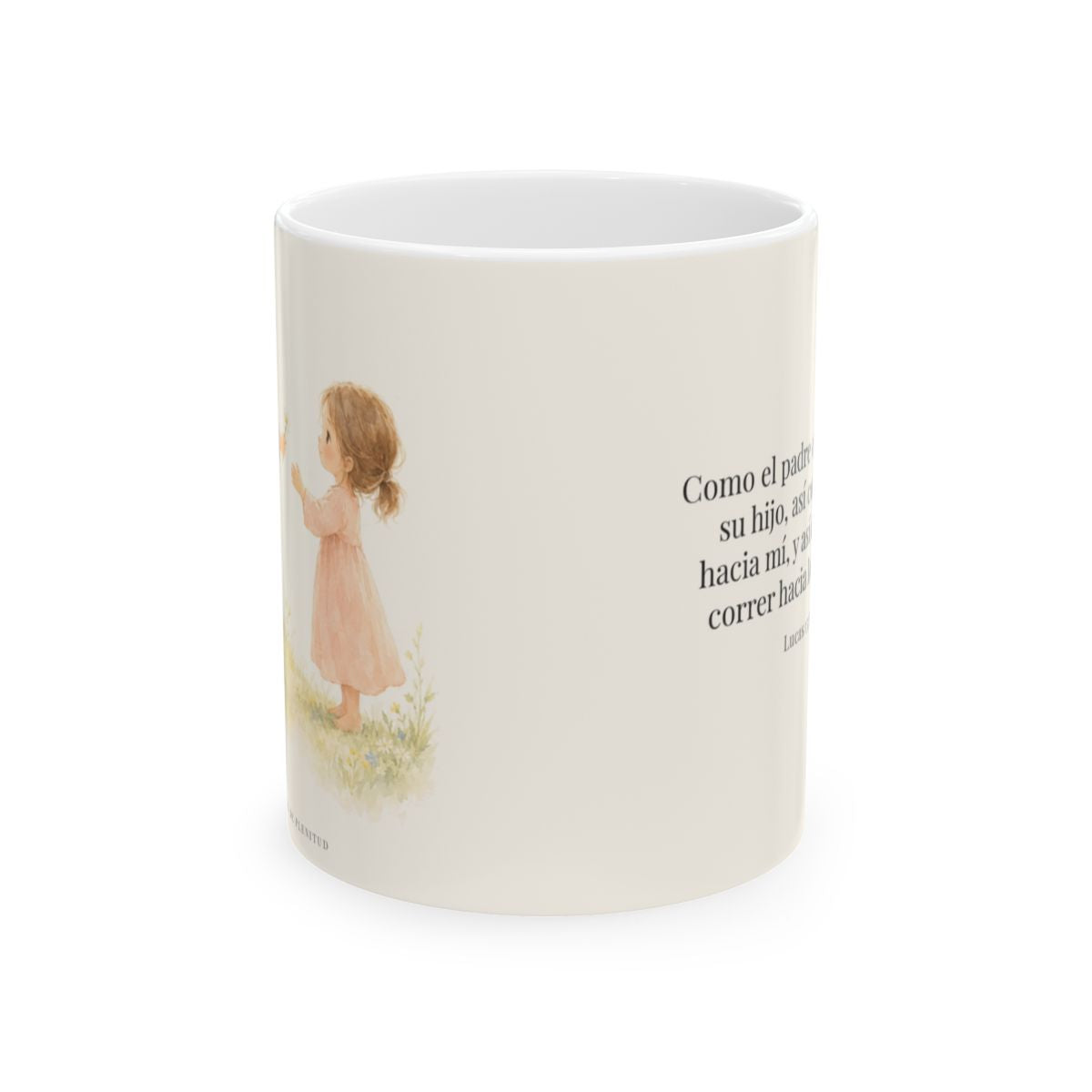 El Padre corre a mi encuentro | Taza con arte cristiano | Lucas 15:20 — 11 oz · Vista frontal