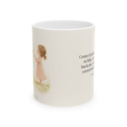 El Padre corre a mi encuentro | Taza con arte cristiano | Lucas 15:20 — 11 oz · Vista frontal