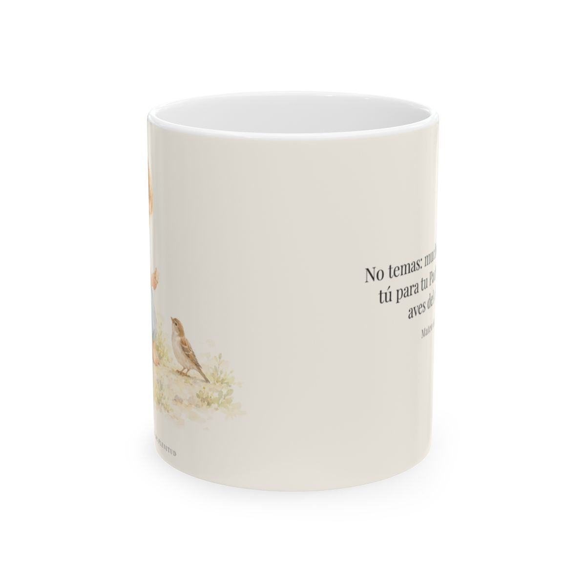 Mucho más valéis vosotros que las aves | Taza cristiana para regalar | Mateo 6:26 — 11 oz · Vista frontal
